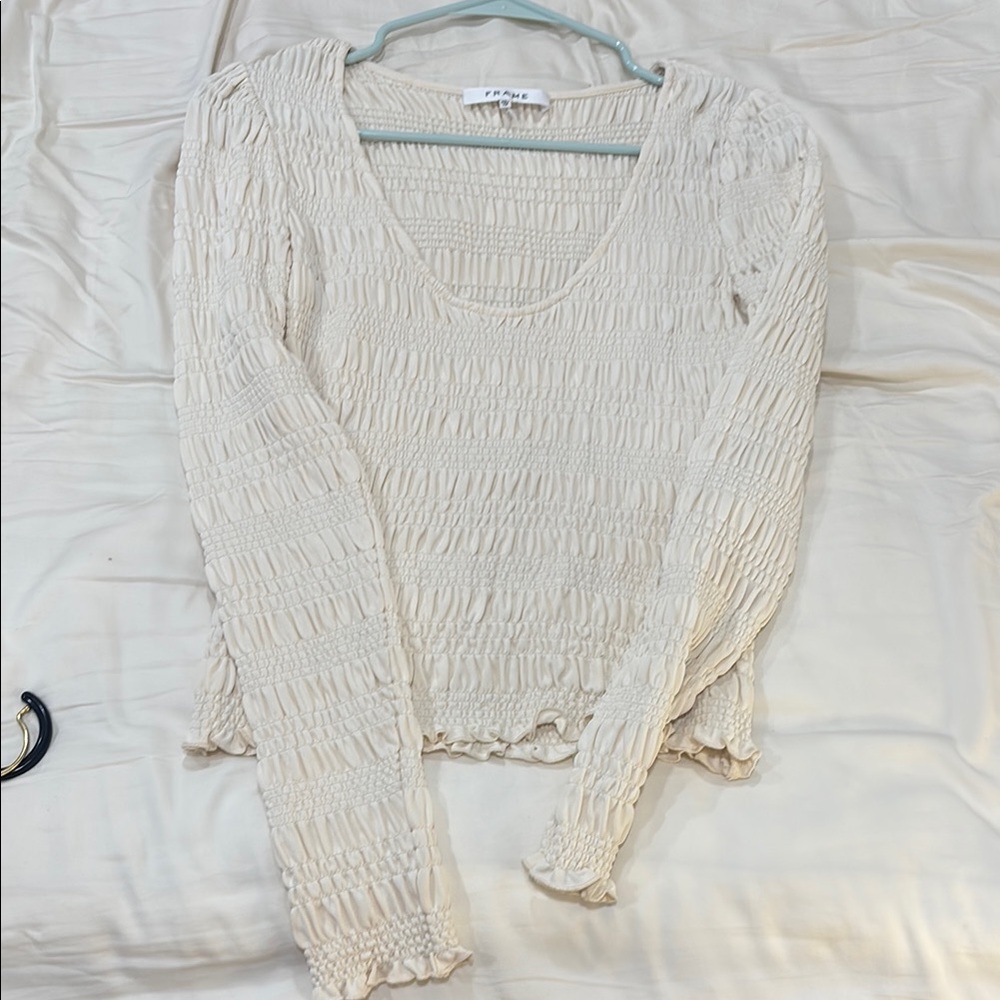 Frame Denim Cream Smocked Ribbed Blouse